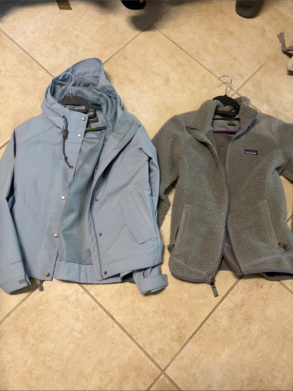 Patagonia Light Blue Rain Shell with Gray Fleece Layer